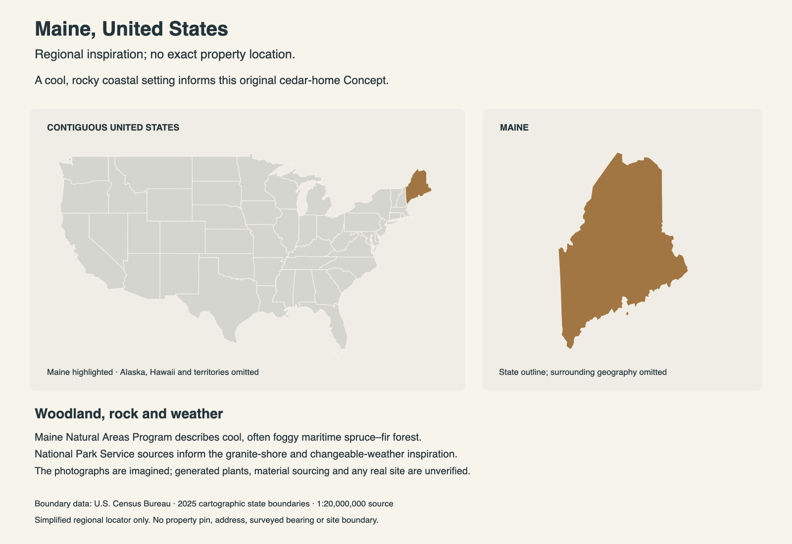 Maine highlighted within the contiguous United States beside its state outline. Regional inspiration only; no property pin.