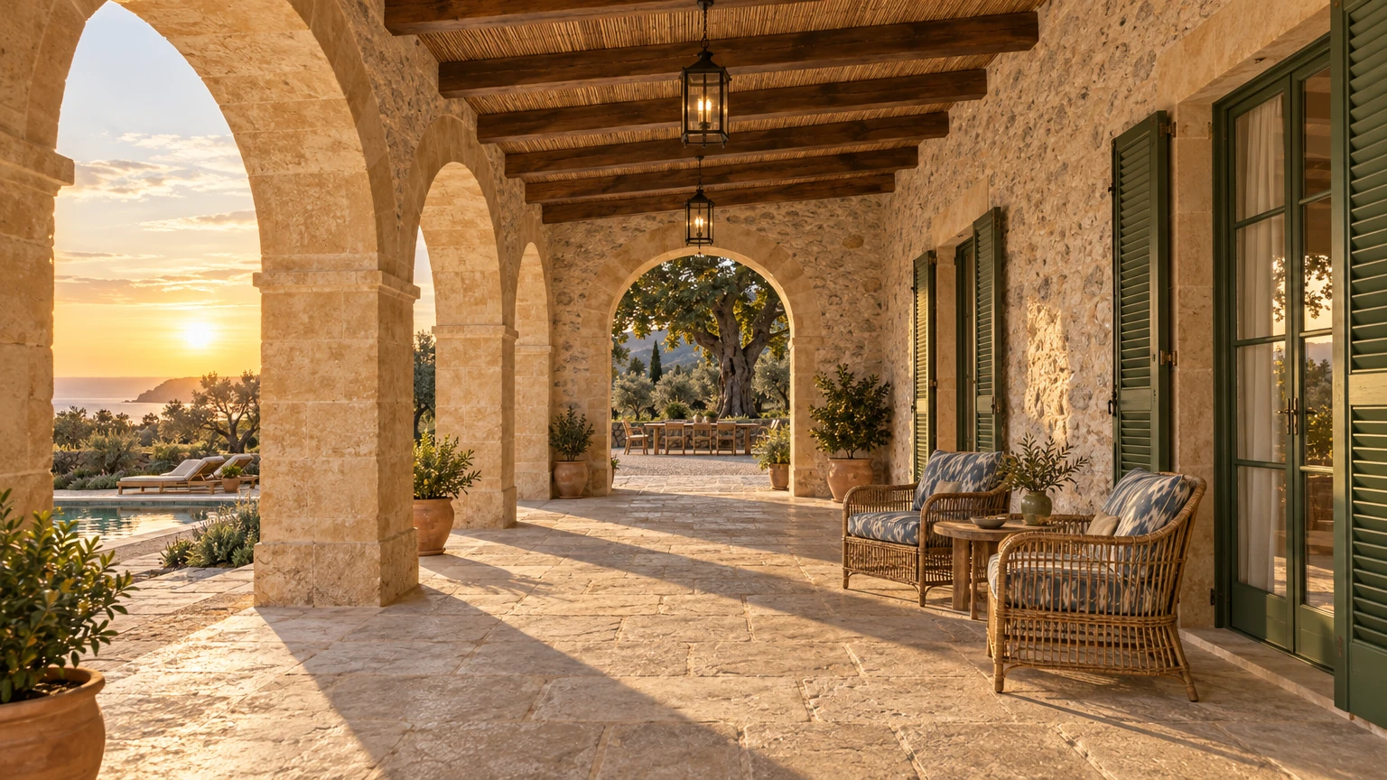 AI-generated Concept: a stone-arched loggia with iron lanterns, rattan armchairs and green-shuttered doors, the low sun setting over the sea beyond the arches.
