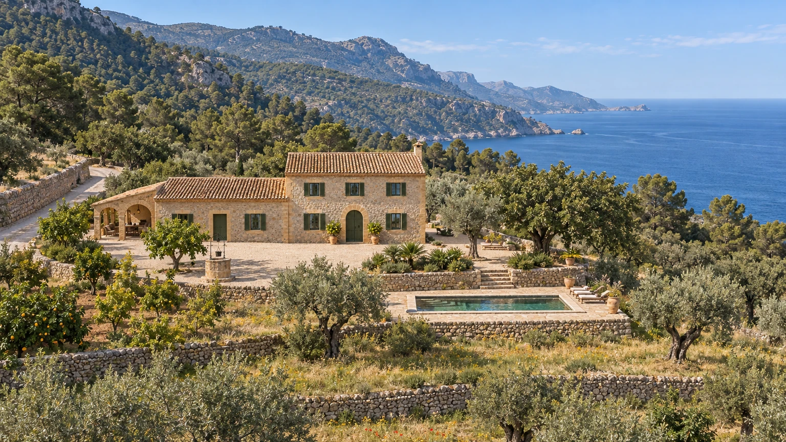 AI-generated Concept: an elevated view of a honey-stone finca with green shutters on olive terraces, a gravel courtyard and a stone-edged pool above a deep-blue sea.