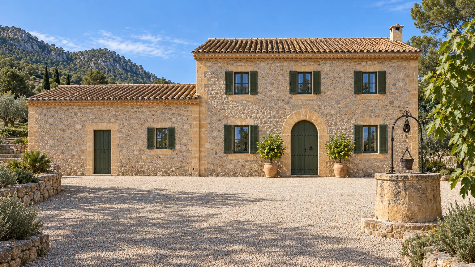 AI-generated Concept: a two-storey honey-stone house with green shutters, an arched green door between potted lemon trees and a stone well-head on gravel.