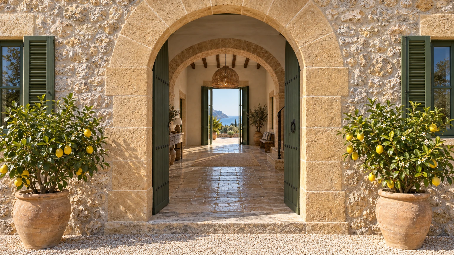 AI-generated Concept: a round sandstone arch with green doors open between potted lemon trees, revealing a stone-paved hall and a glazed door to the sea.