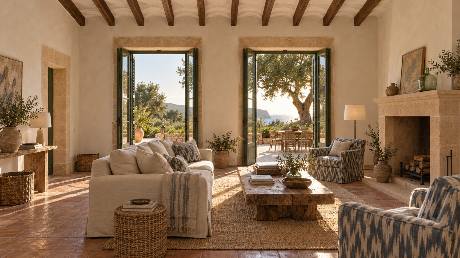 AI-generated Concept: a linen sofa and indigo ikat armchairs around a rustic wooden table on terracotta tiles, with French doors open to olive trees and sea.