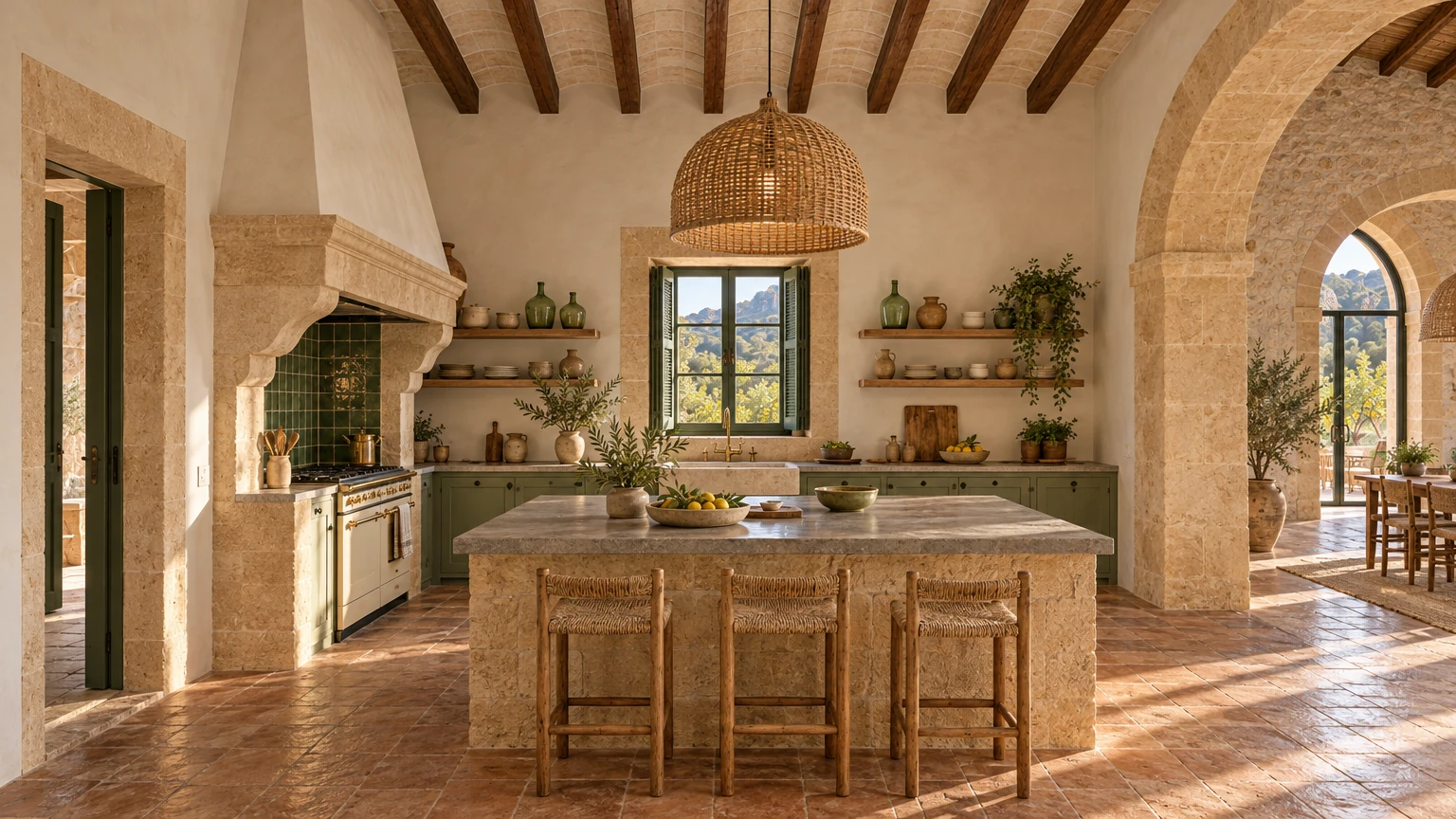 AI-generated Concept: a kitchen with a golden stone island and rush stools, sage-green cabinets, a cream range under a whitewashed hearth hood, and a green-shuttered window.