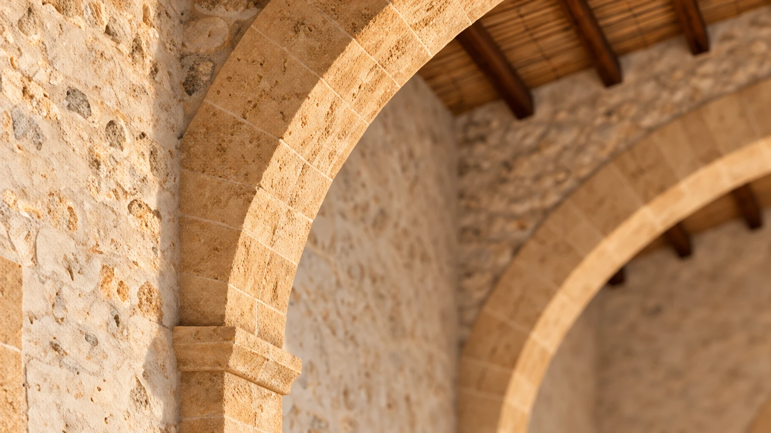 AI-generated Concept: close detail of a golden sandstone arch springing from its pier against a rough stone wall, beneath dark timber beams and woven cane.