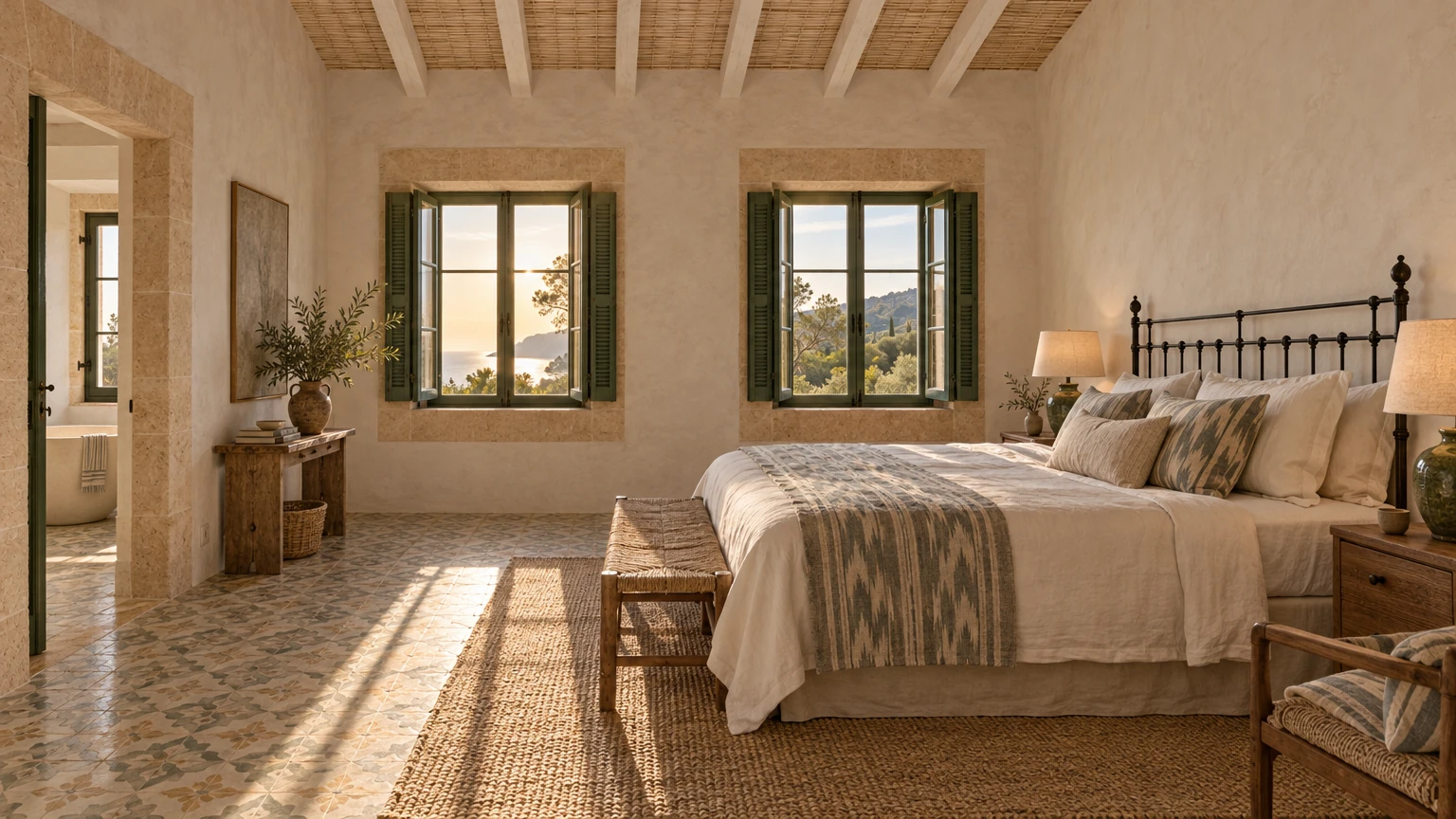 AI-generated Concept: a wrought-iron bed in white linen with an ikat throw, beside two green-shuttered windows framing the sea, on a patterned tiled floor.