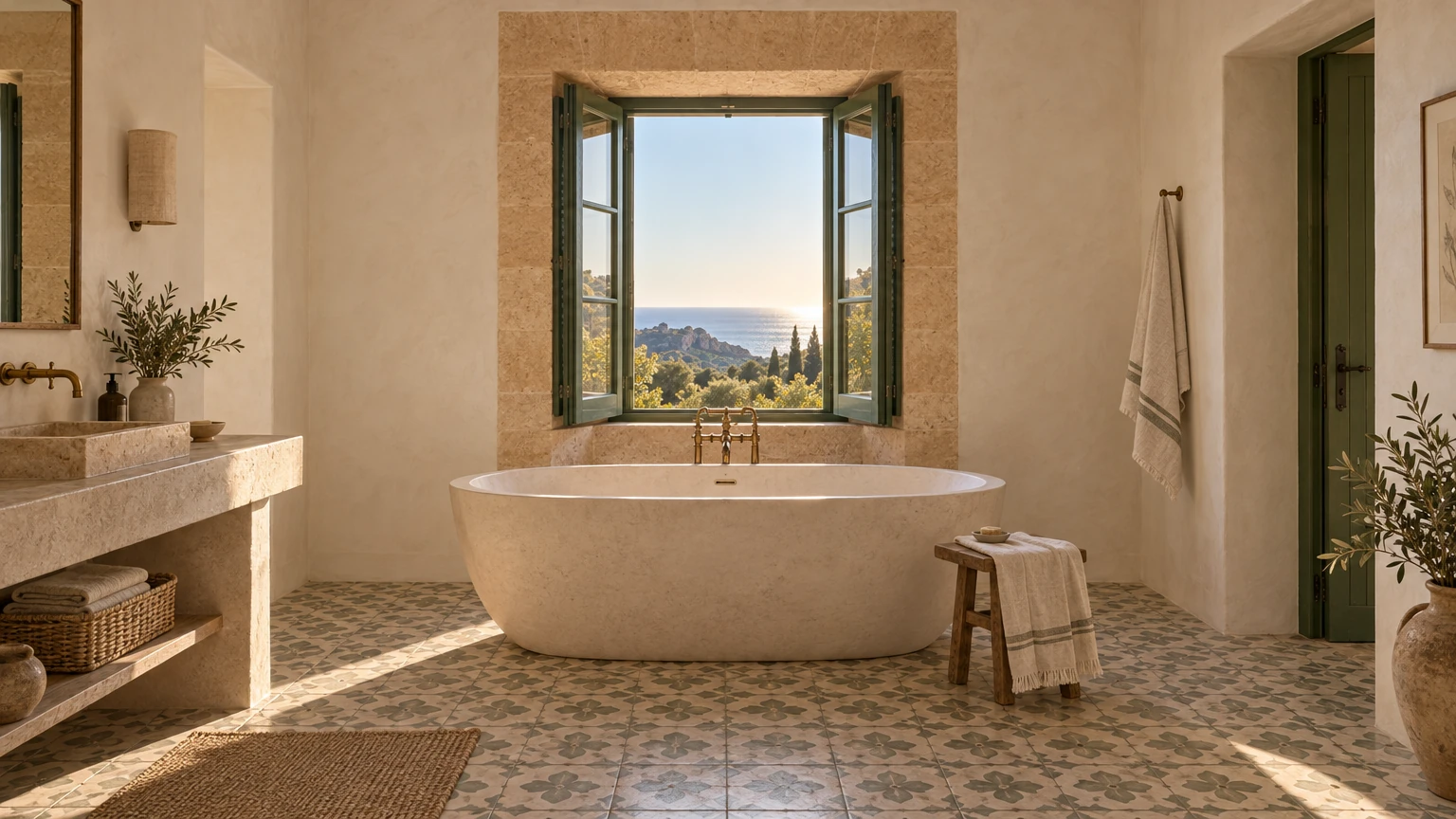 AI-generated Concept: a pale freestanding stone bath with brass taps stands beneath a deep-set shuttered window looking to the sea, on a patterned tiled floor.