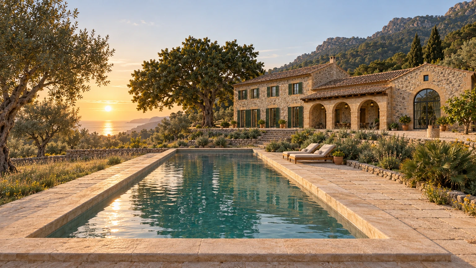 AI-generated Concept: a long stone-edged pool leads past olive trees and a great carob to the honey-stone finca, with the sun setting into the sea.