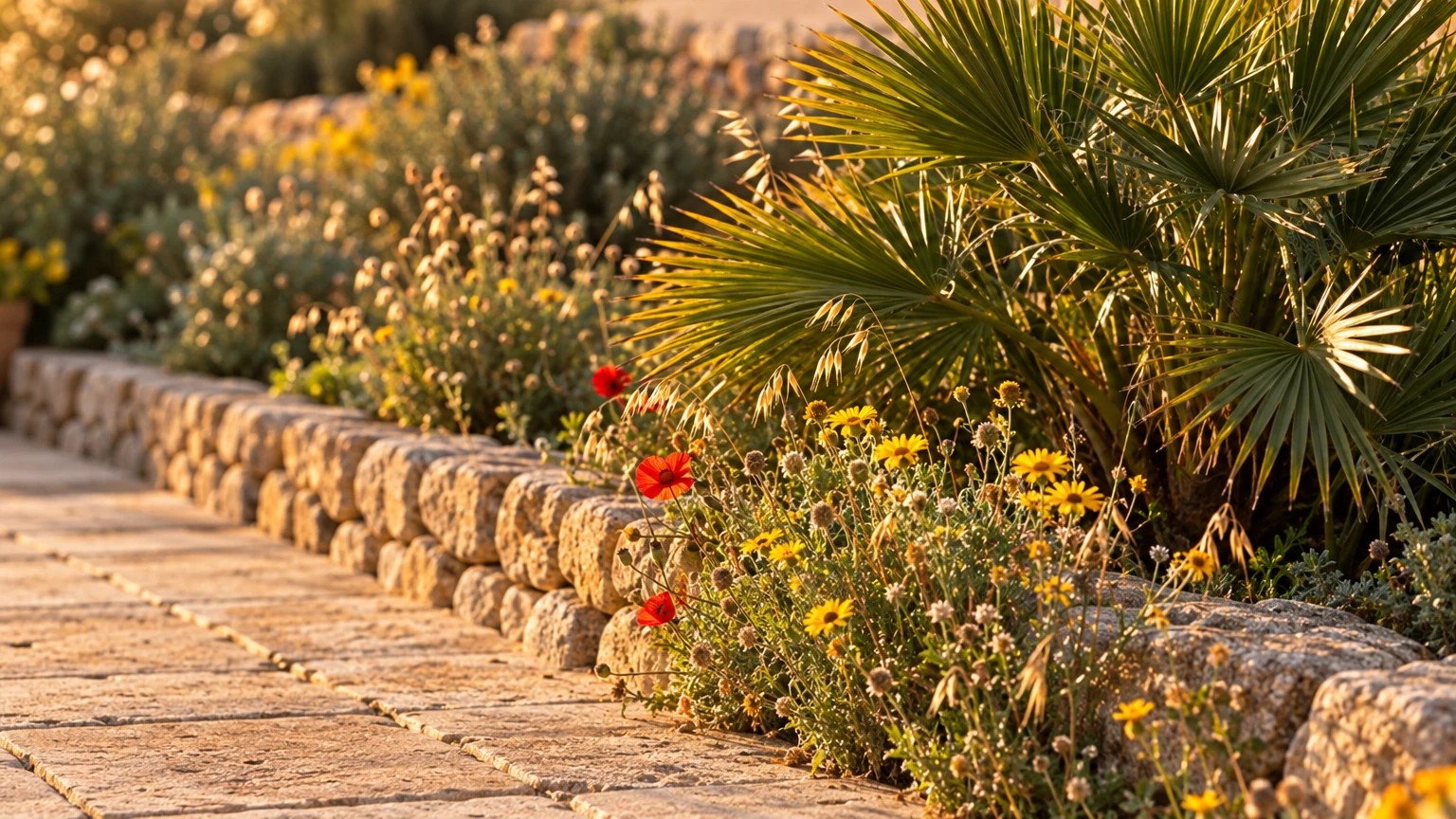 AI-generated Concept: red poppies, yellow daisies, wild oats and a dwarf fan palm glow in low sun against a dry-stone wall beside stone paving.