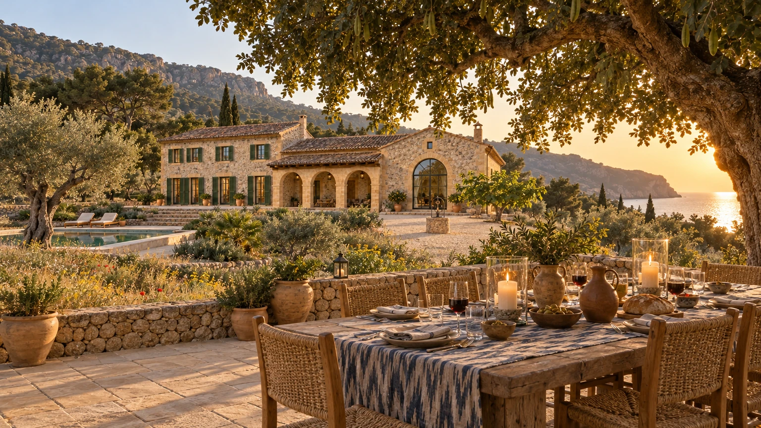 AI-generated Concept: a long wooden table under a carob, laid with an ikat cloth, candles, red wine, bread and olives, with the finca and sea beyond.