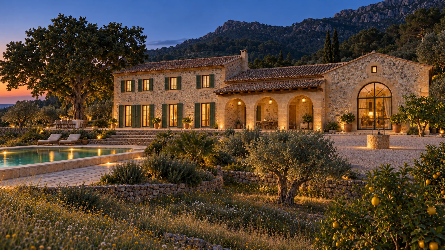 AI-generated Concept: at blue hour the stone finca glows through shuttered windows and lantern-lit arches, above a softly lit pool, olive trees and lemon branches.