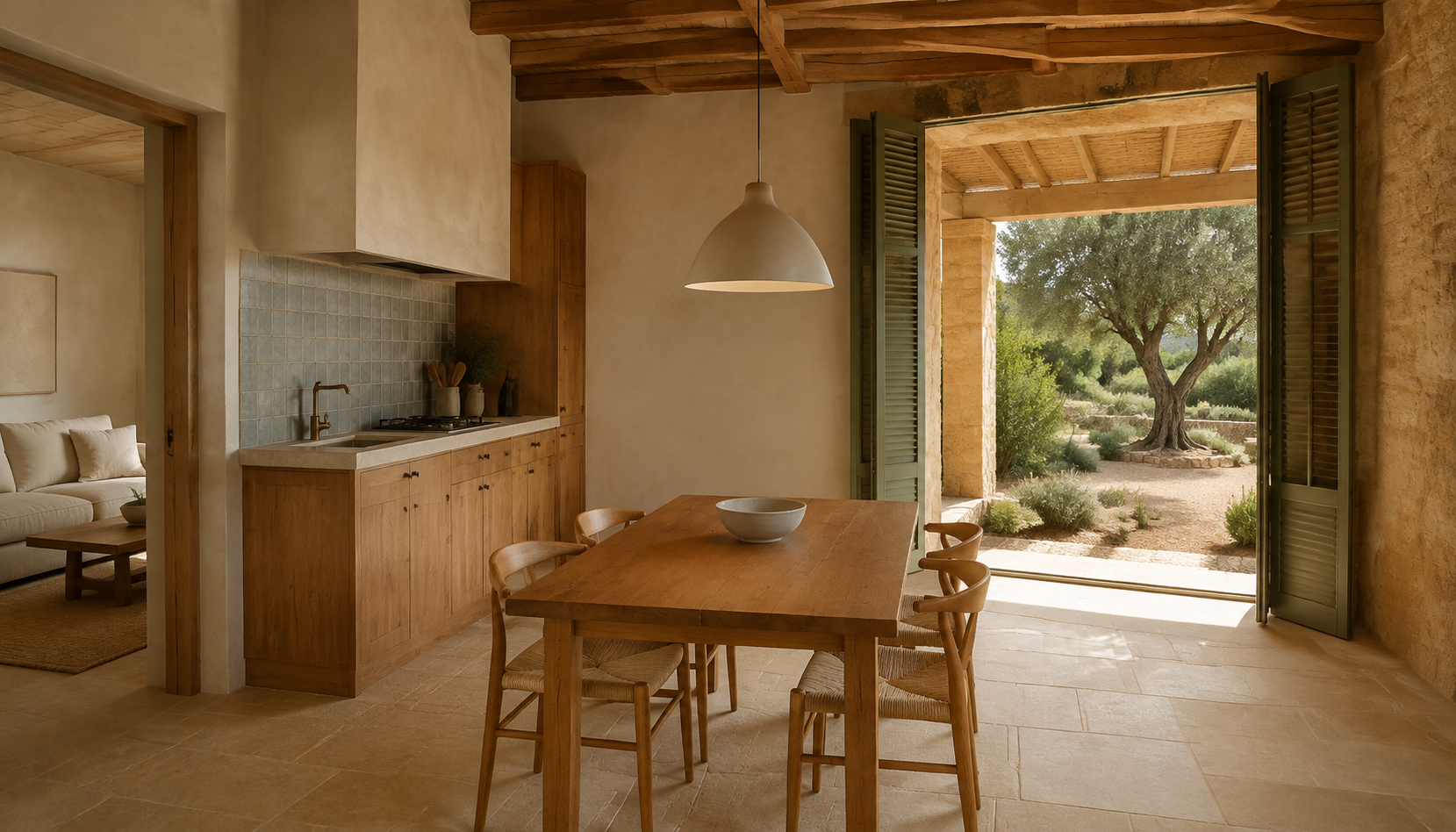 Timber dining table with four woven-seat chairs, blue-grey kitchen tiles and olive shutters opening to a garden.