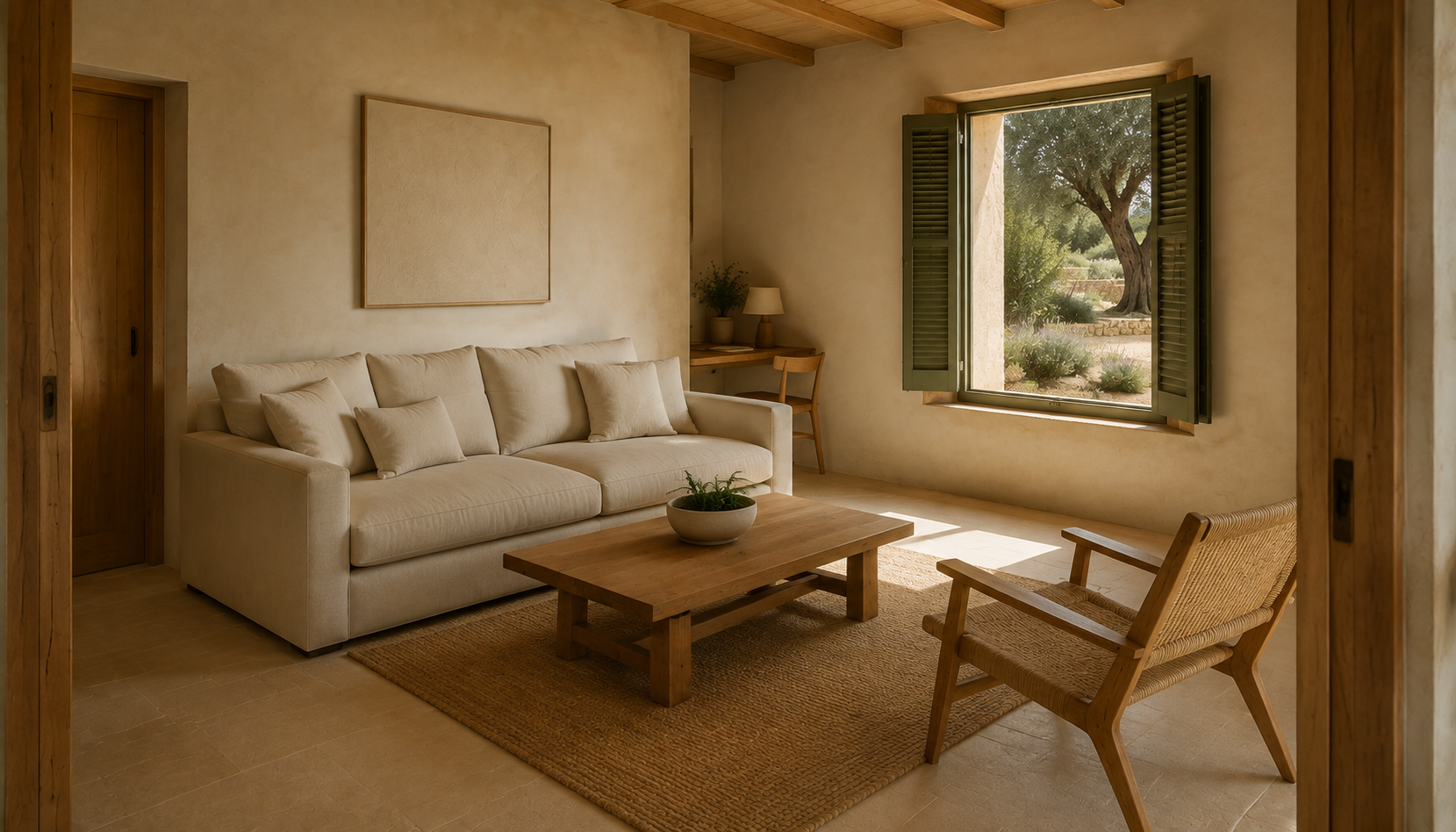 Ecru sofa, timber coffee table and woven lounge chair beside a shuttered garden window and small writing niche.