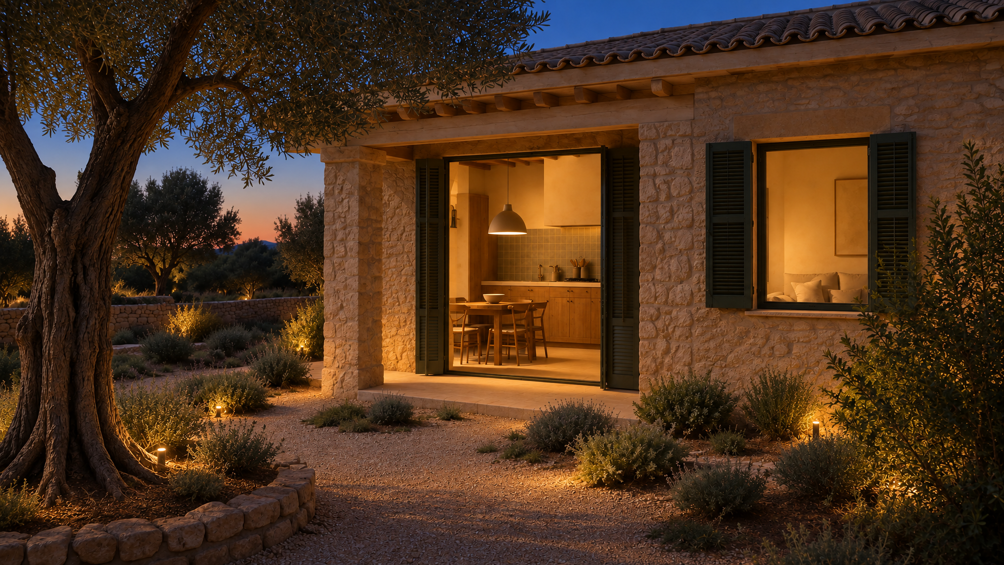 Sandstone house frontage at dusk, with the lit kitchen doorway and living window between open olive shutters, clay-tile roof, olive tree in low stone edging and small garden lights.