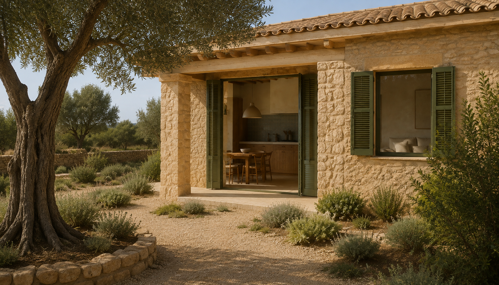 Sandstone house frontage with kitchen doorway and living window, clay-tile roof and an olive-like tree in low stone edging.