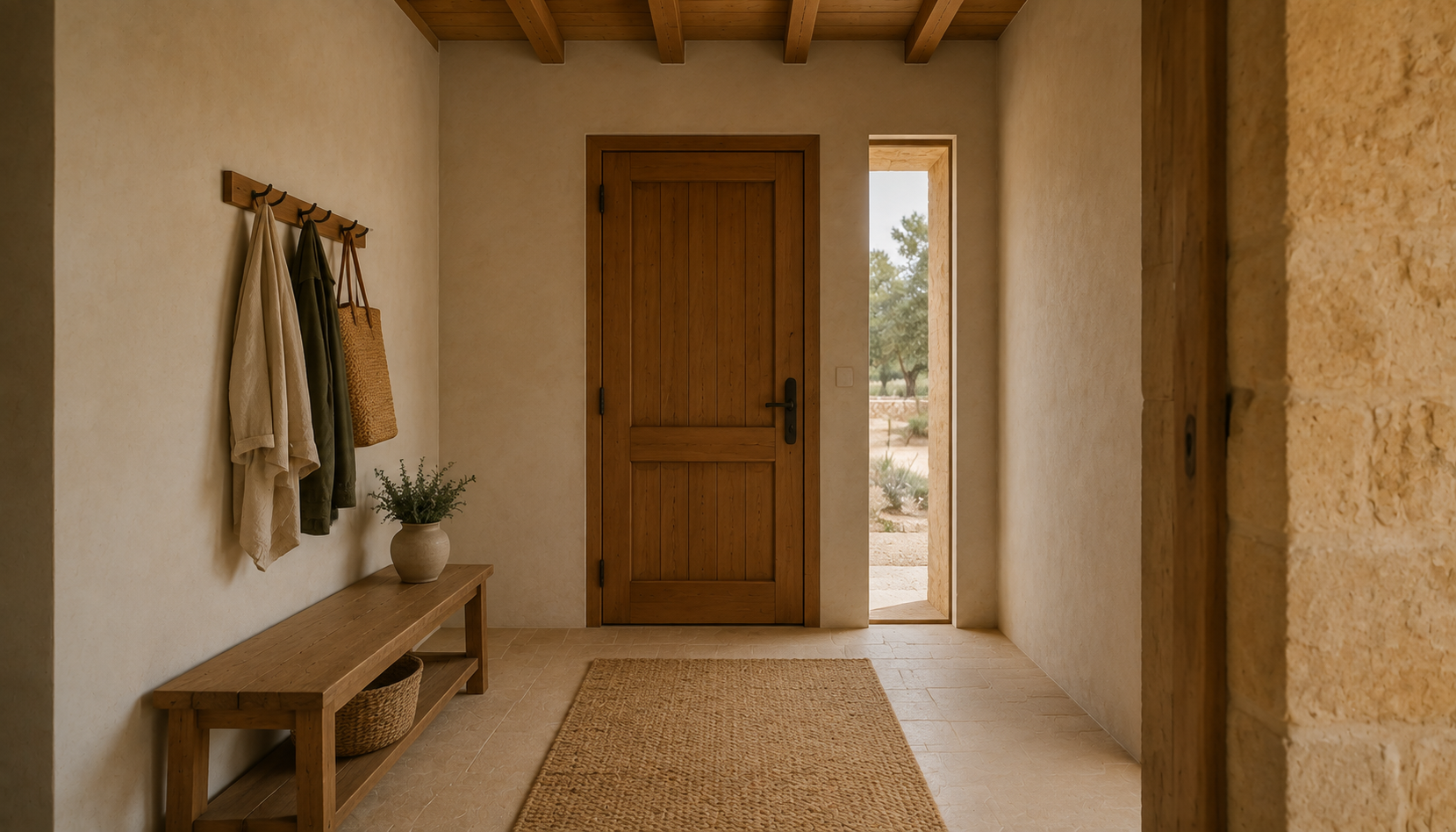 Timber front door beside narrow fixed glazing, with a bench, hooks, basket and runner in the entry.
