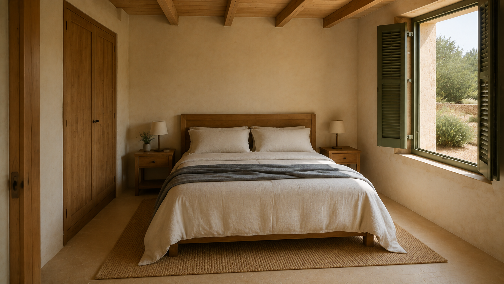 Double bed with four white pillows and slate-blue throw, paired bedside tables and lamps, timber wardrobe and olive shutters.