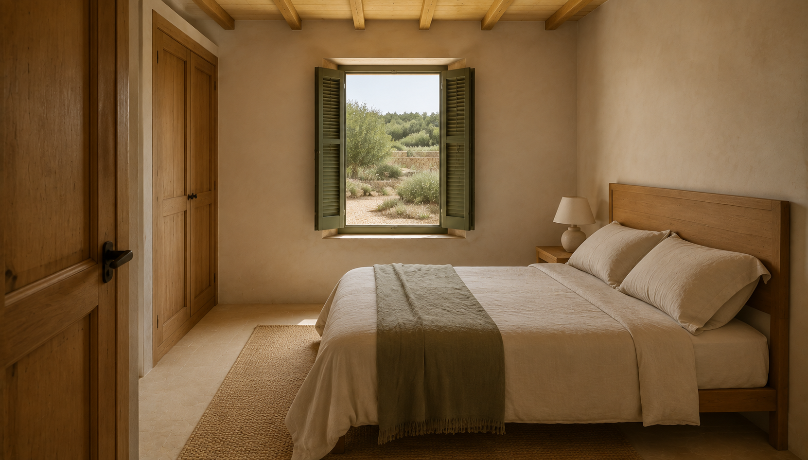 Guest bed with two pillows and a sage throw, one bedside lamp, timber wardrobe and shuttered window.