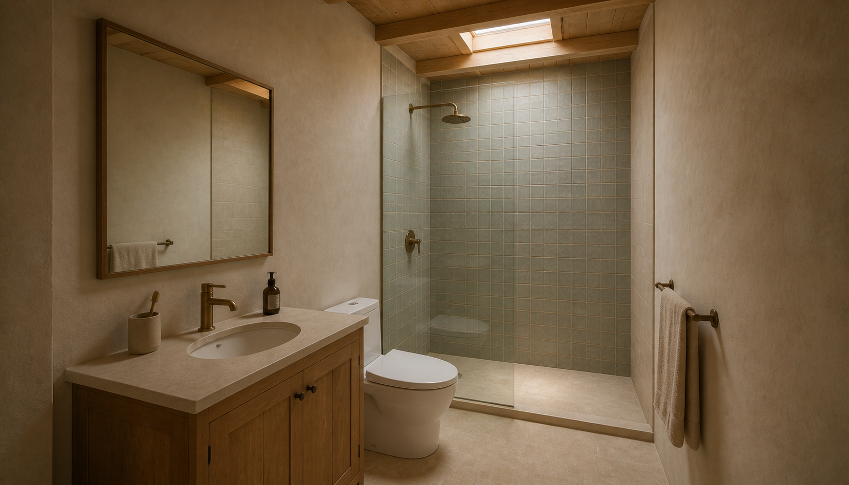 Timber vanity and inset basin beside a closed-seat WC and glass-screened shower beneath a rooflight.