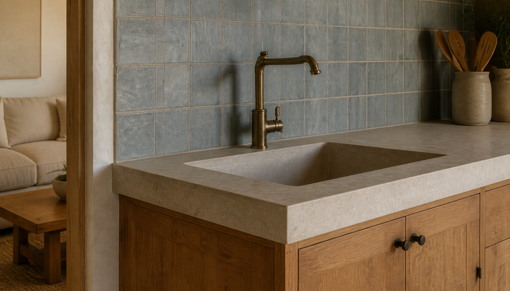 Bronze faucet over a rectangular stone basin, with blue-grey square tiles and timber cabinet fronts.