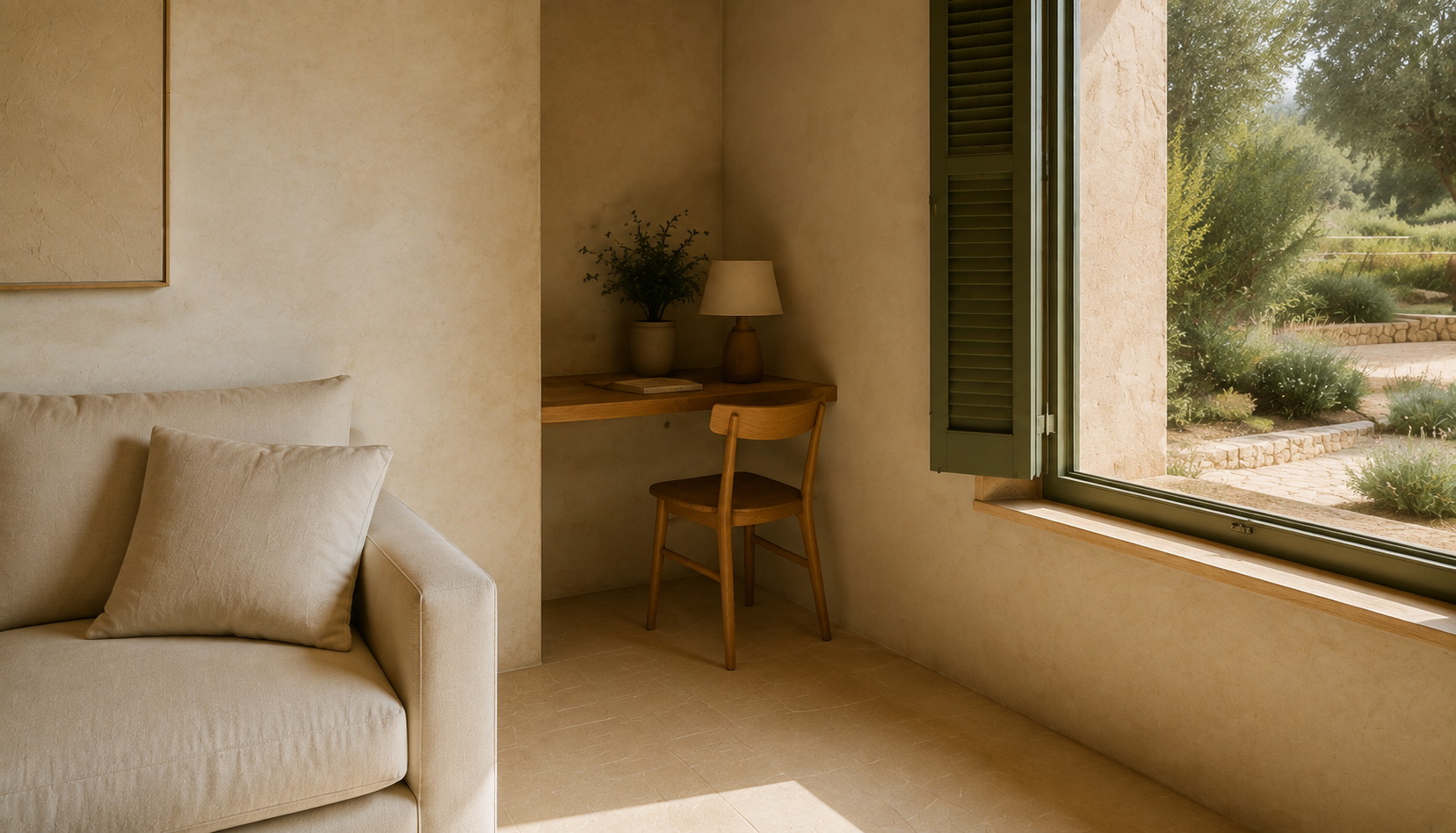 Timber desk and chair with a small lamp, book and plant beside olive shutters; sofa arm in the foreground.