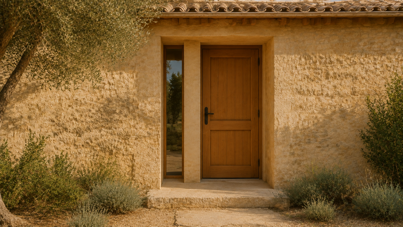 Timber entrance door and narrow fixed glazing in sandstone, with a small step, tiled eave and partial olive-like canopy.