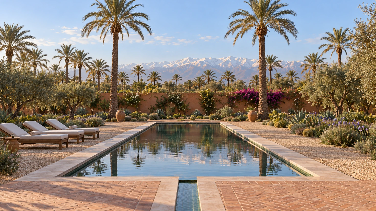 AI-generated Concept view from the head of a long reflecting pool, past cedar loungers and date palms, to an ochre-pink garden wall and snow-capped mountains in morning light.