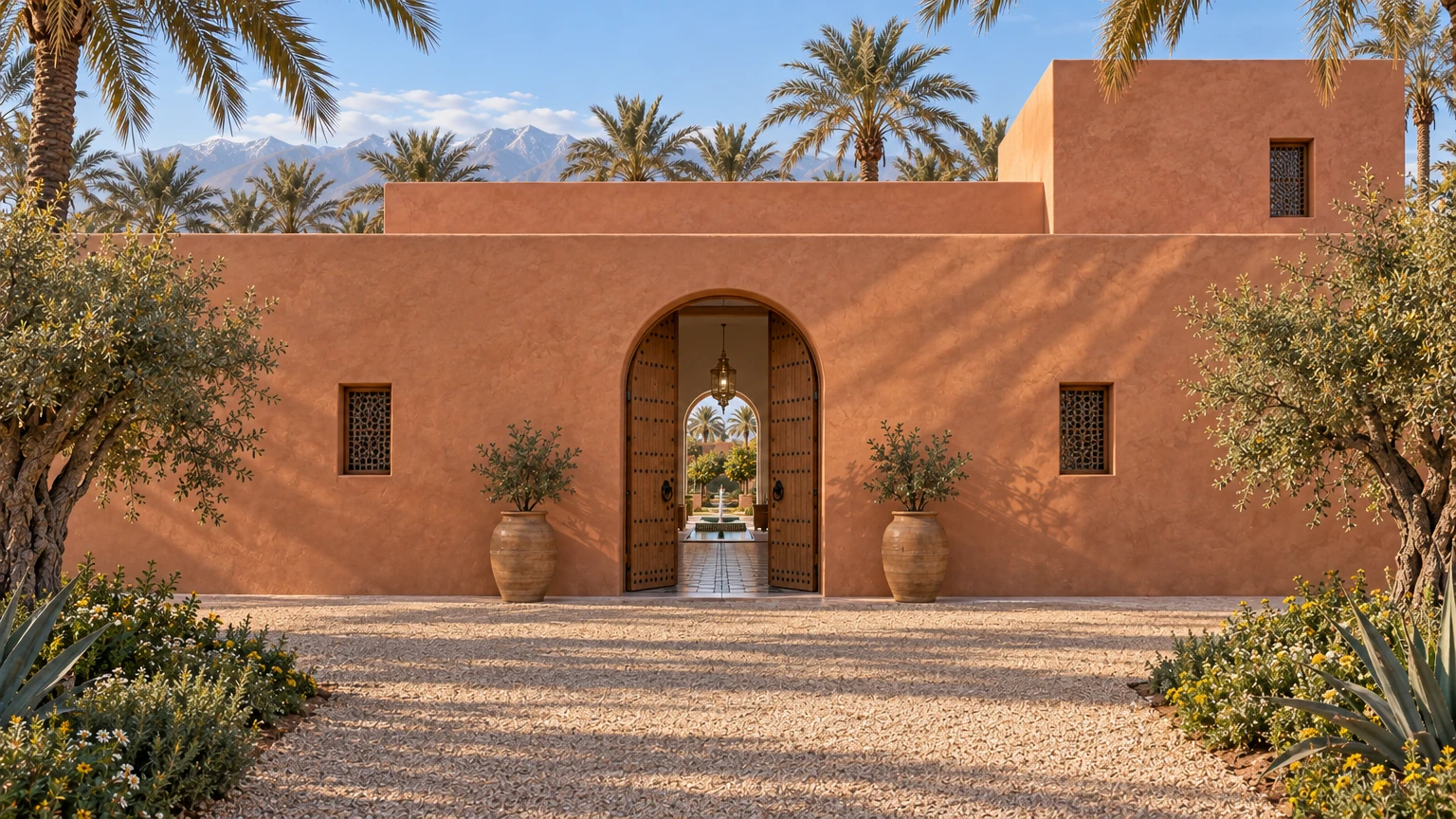 AI-generated Concept arrival facade of hand-trowelled ochre-pink render, its arched cedar double door open onto a zellige hall and the sunlit courtyard fountain beyond.