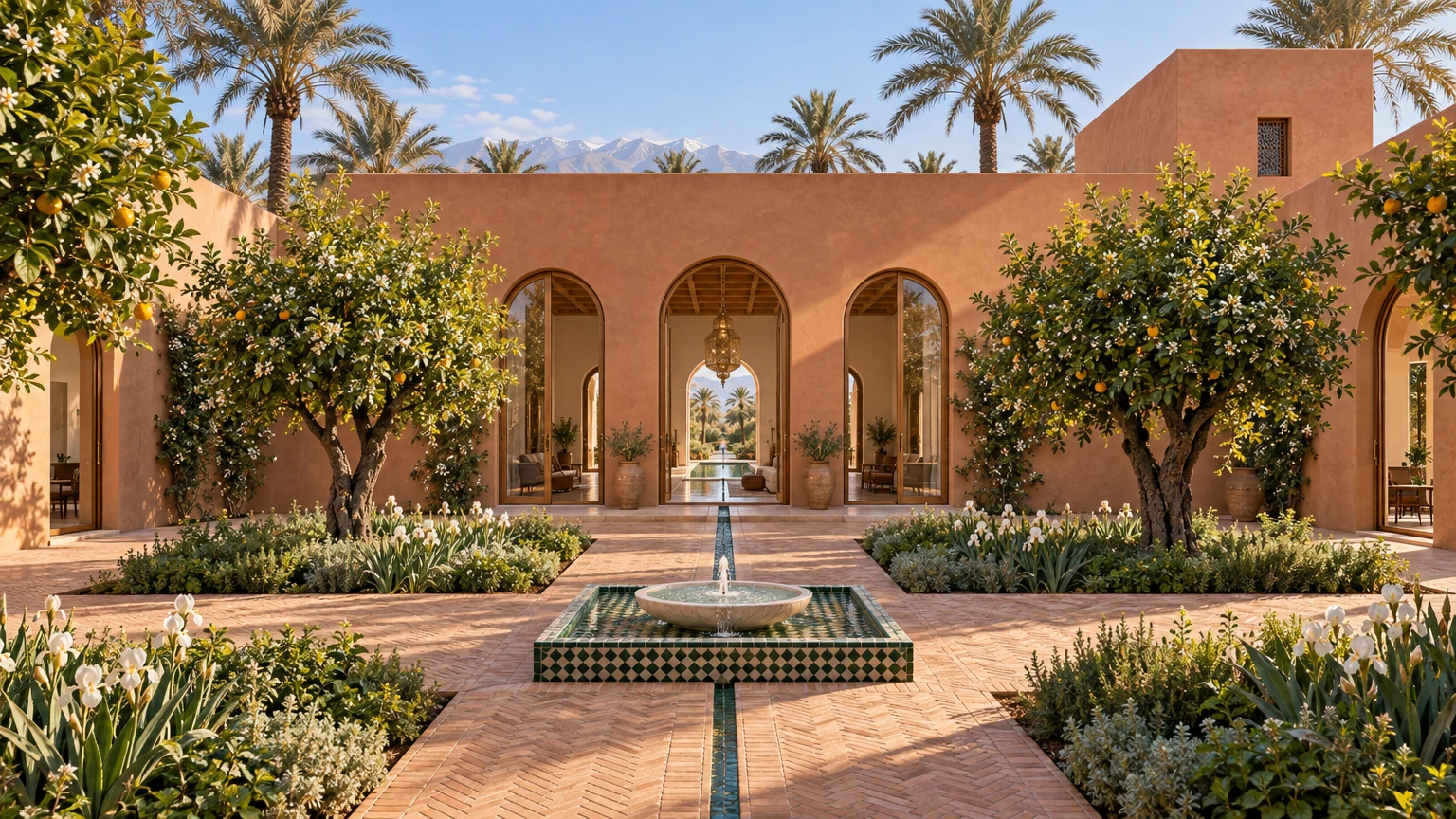 AI-generated Concept riad courtyard with herringbone terracotta paths, a green-and-cream zellige fountain, blossoming bitter-orange trees and three tall arched cedar doors to the grand salon.