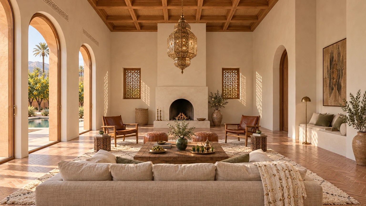 AI-generated Concept living room with a linen sofa facing a white tadelakt fireplace, two mashrabiya windows casting patterned light, leather poufs and a cream Beni Ourain rug.