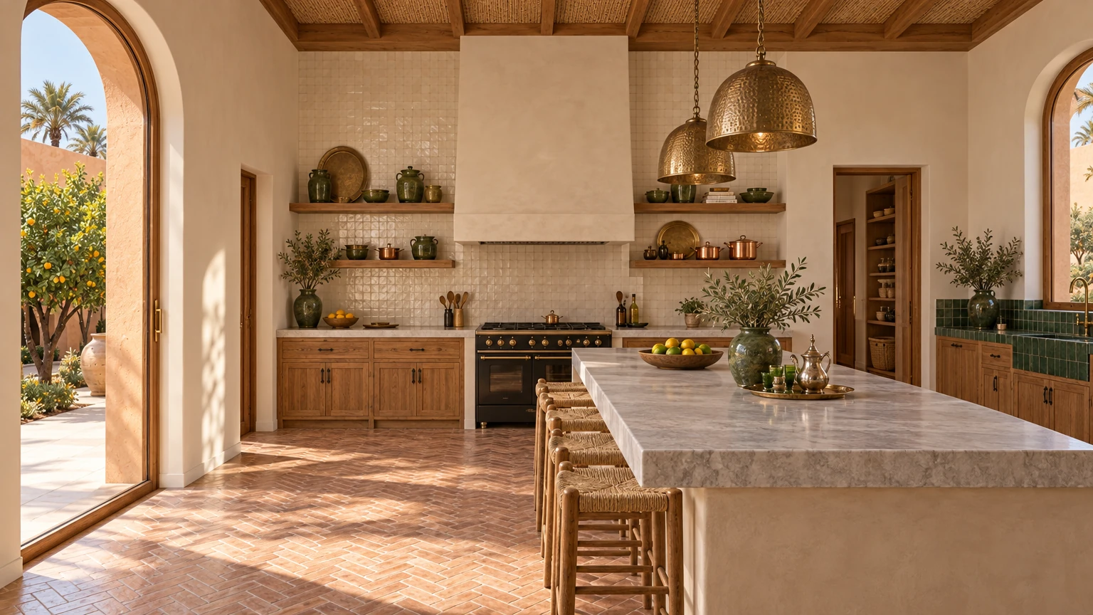 AI-generated Concept kitchen with a tadelakt island under a thick grey marble top, rush stools, a black range beneath a plaster hood and a wall of cream zellige.