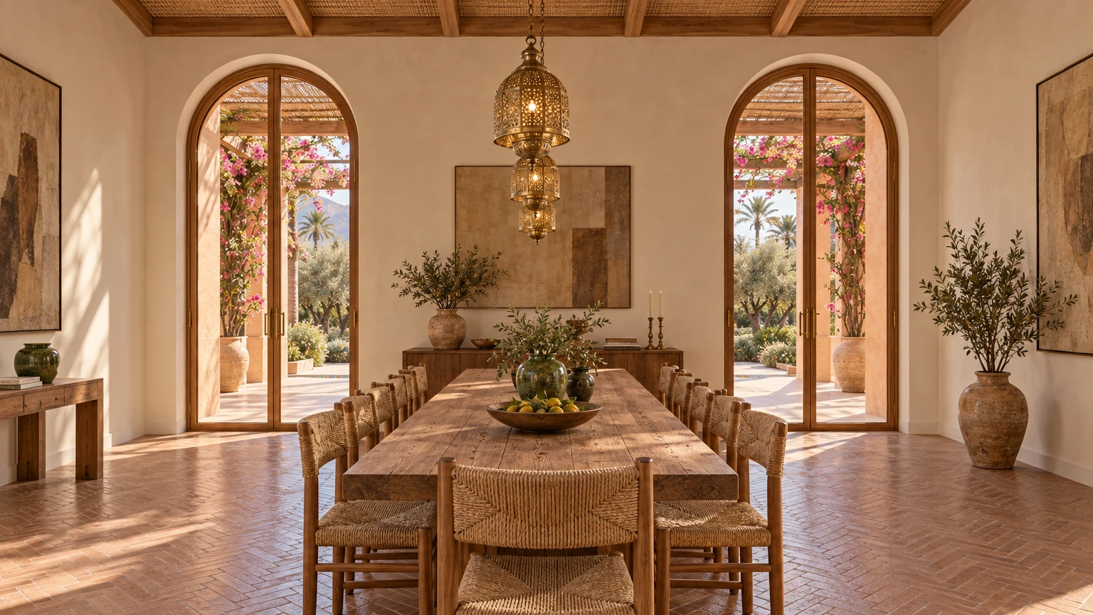 AI-generated Concept dining room with a long cedar table, rush-seat chairs and brass lanterns, set between two arched cedar doors open to a bougainvillea pergola.