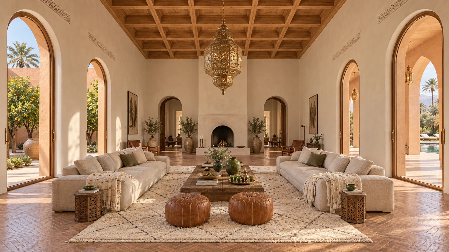 AI-generated Concept grand salon beneath a coffered cedar ceiling, with a pierced-brass lantern, two linen sofas on a Beni Ourain rug and tall arched doors on both sides.