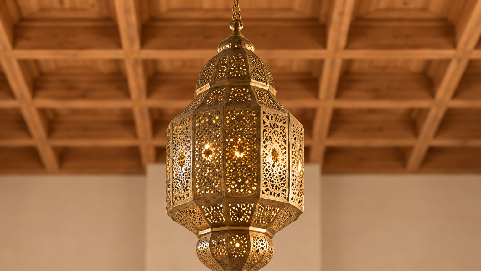 AI-generated Concept detail of a monumental pierced-brass lantern hanging on a chain beneath honey-coloured cedar coffers, its star patterns lit from within.