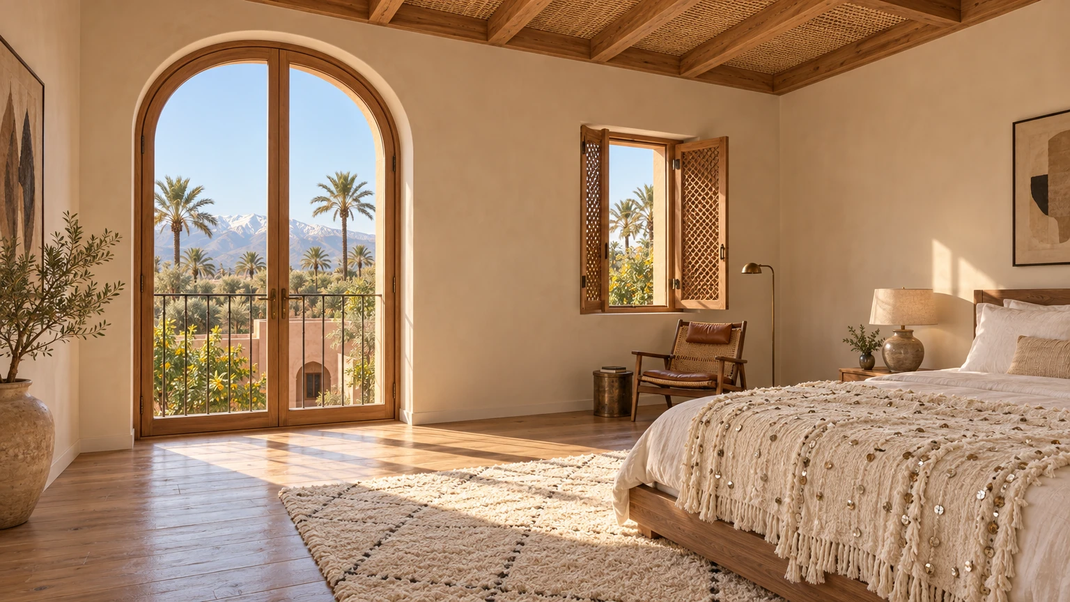 AI-generated Concept tower bedroom with a low cedar bed under a sequinned handira blanket, a Beni Ourain rug and arched casements looking over palms to snowy peaks.