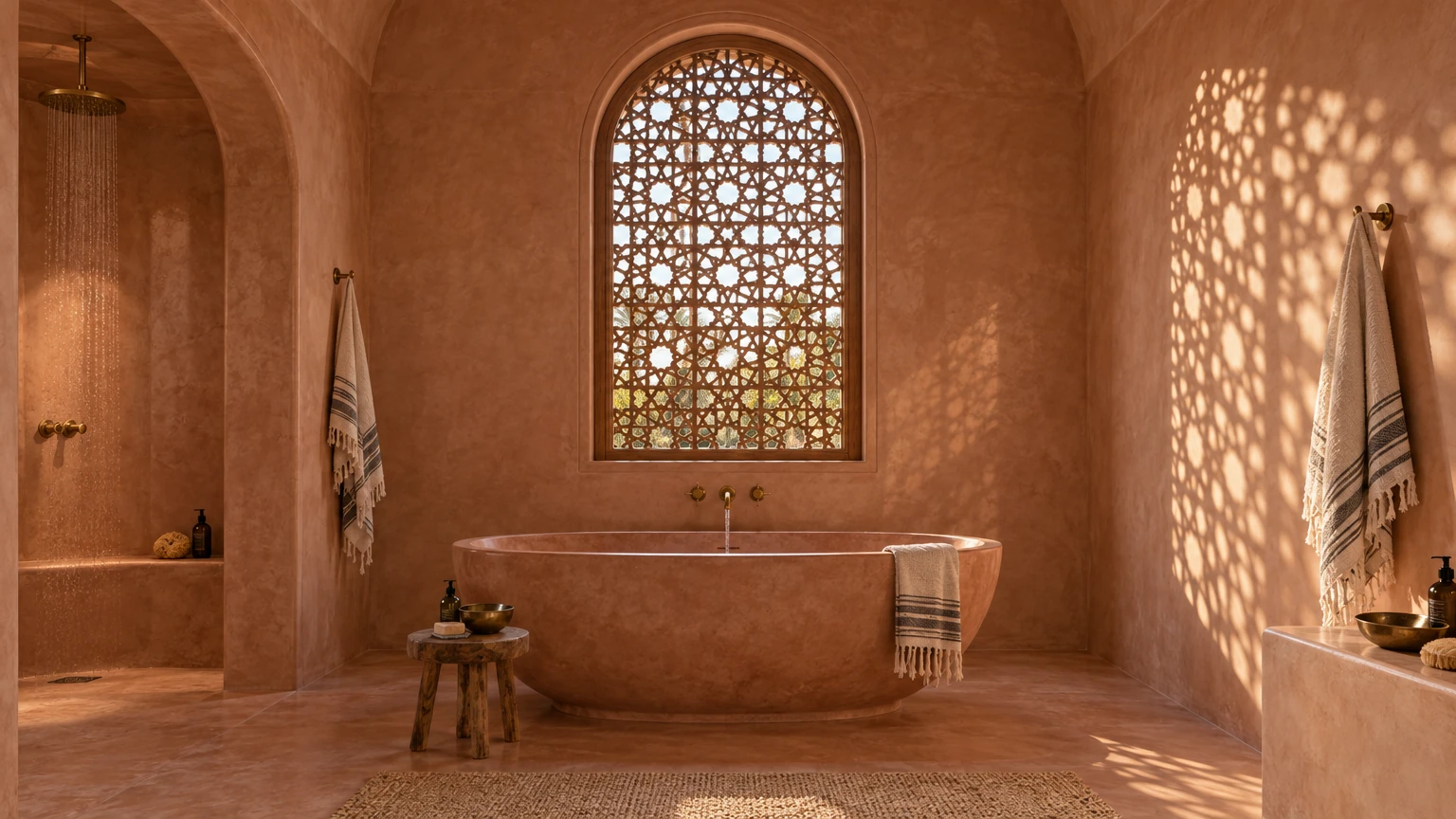 AI-generated Concept hammam bath in rose-terracotta tadelakt, a sculpted freestanding tub beneath an arched cedar mashrabiya window, star-shaped sunlight falling across the curved walls.