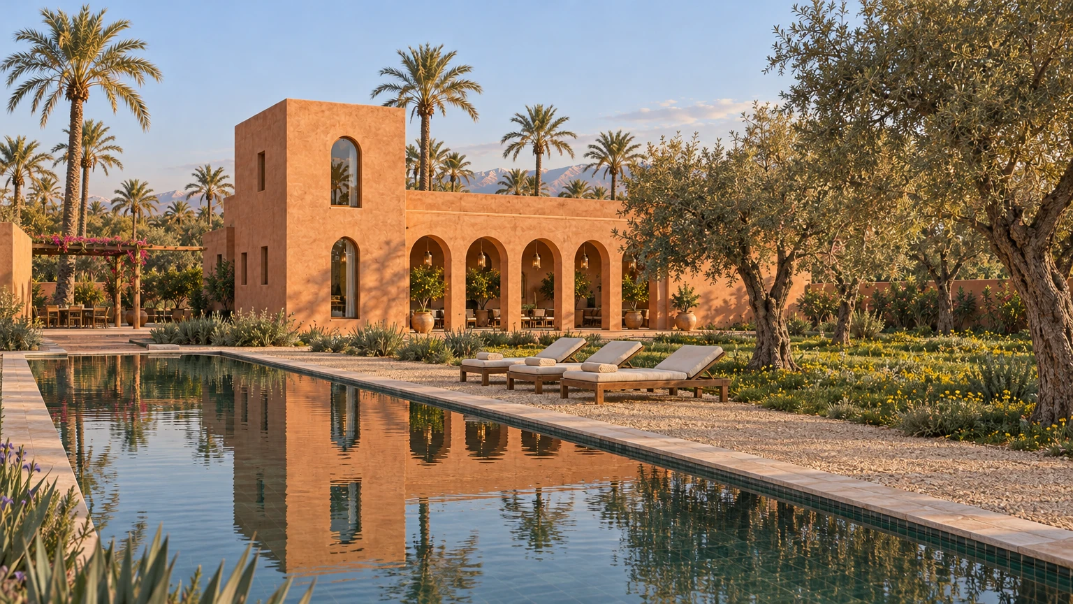 AI-generated Concept view across a dark-green reflecting pool to the ochre-pink tower and five-arched loggia, with cedar loungers, old olives and date palms in golden light.