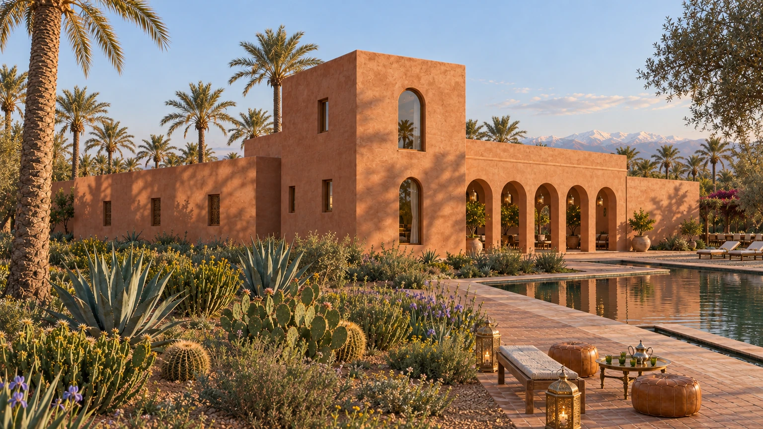 AI-generated Concept tower and loggia seen from a dry garden of agave, prickly pear and barrel cactus, walls glowing red-pink in low sun beside the pool.