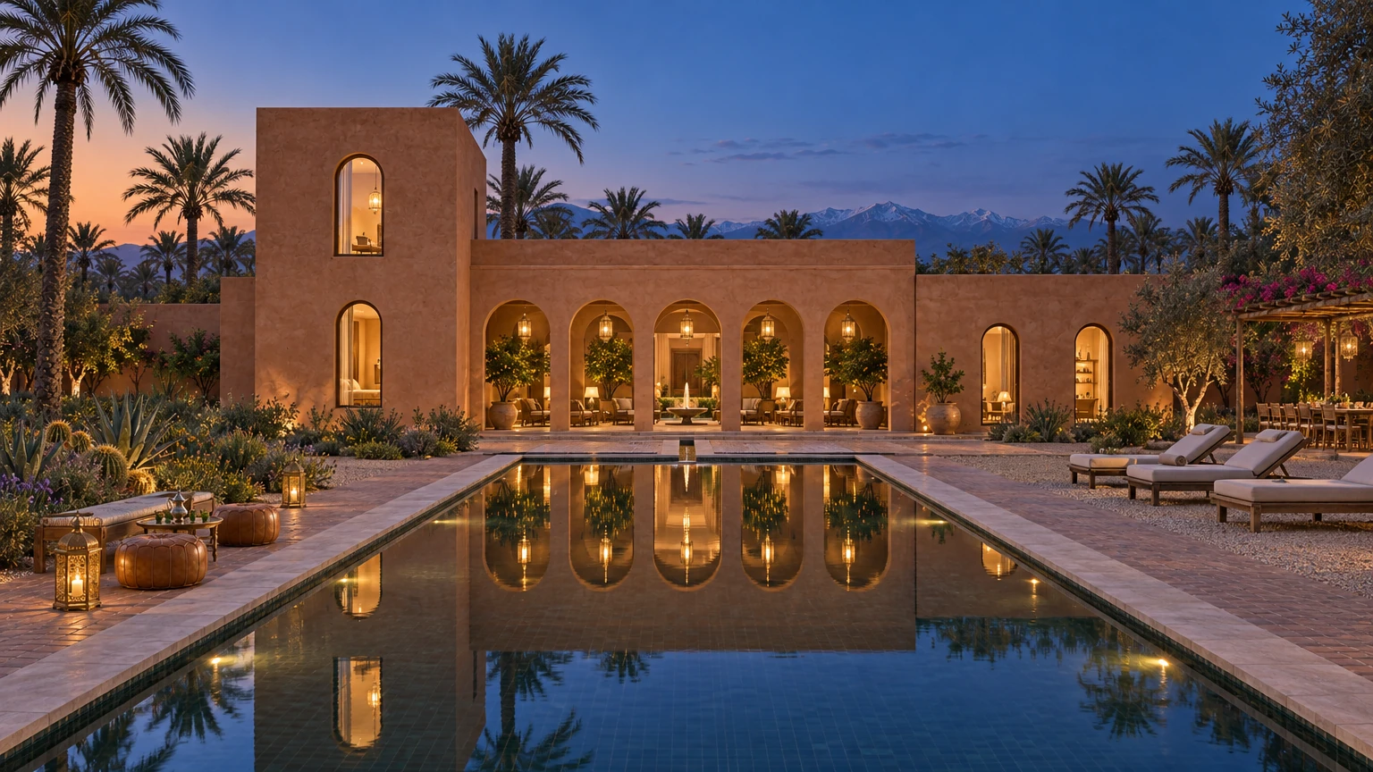 AI-generated Concept south front at blue hour, the lantern-lit loggia, glowing tower windows and palms mirrored in the long pool beneath a deep blue sky.