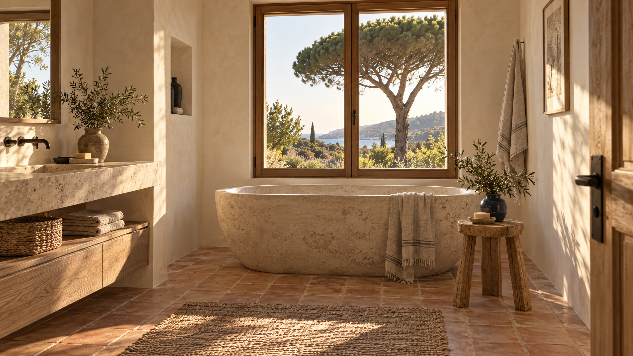 Bathroom with cream lime-plaster walls, terracotta floor tiles and a freestanding stone bath beneath a window onto an umbrella pine and the bay, with a stone counter, an oak stool and a small indigo vase.