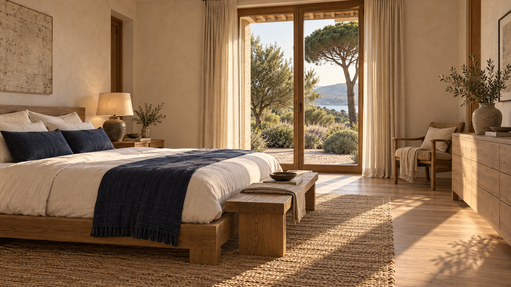 Main bedroom with a low oak bed in white linen, indigo cushions and an indigo throw, an oak bench at its foot, a jute rug, a woven-seat chair and tall glazed doors open to olive trees, lavender and the bay.