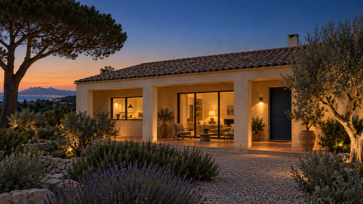 The same frontage at blue hour, with the lit sitting room and kitchen behind the loggia, a wall lamp beside the blue door and a lit coastline below the hills beyond the pine.