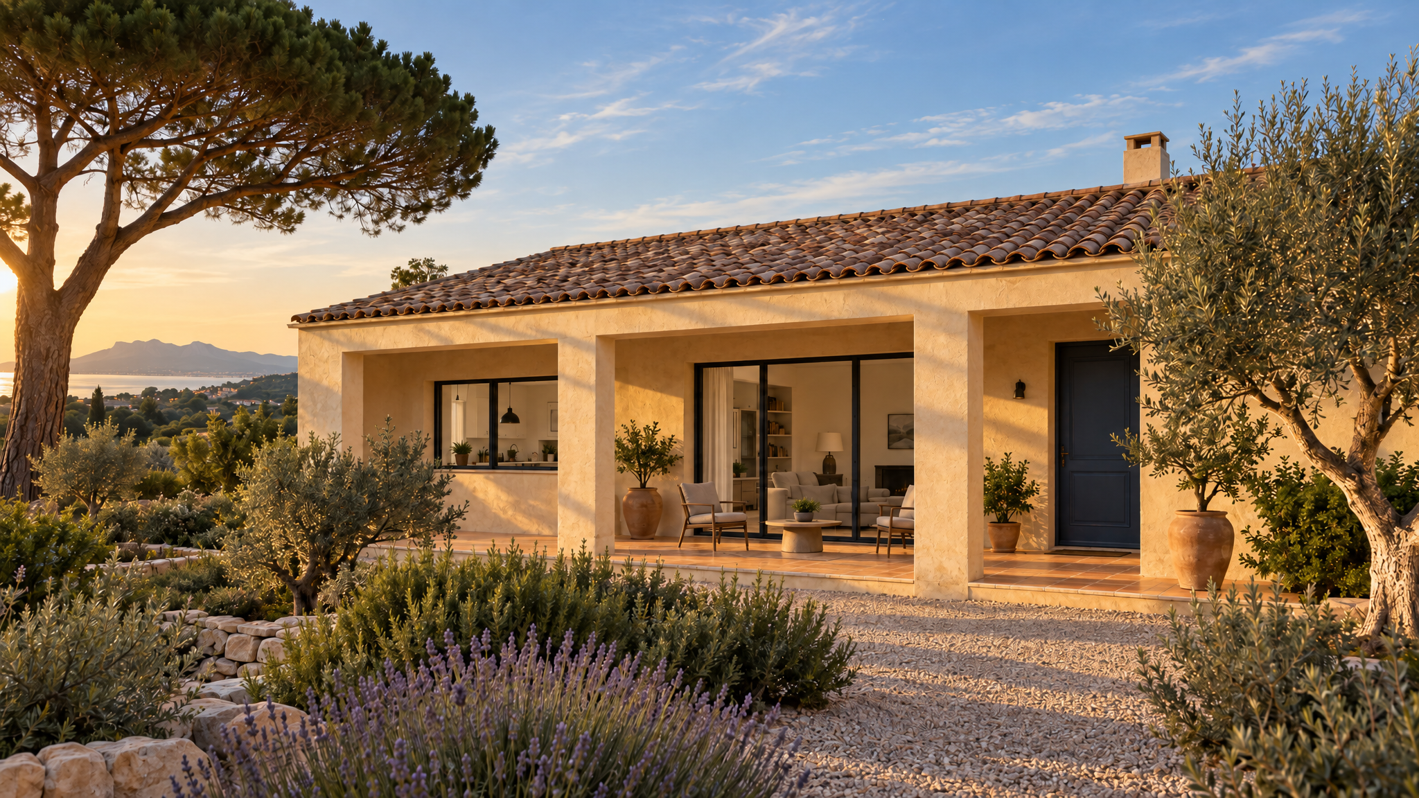 Low ochre-plaster house in late sun beneath a long terracotta-tile roof, with three shaded loggia bays, a blue entrance door, an umbrella pine and a lavender and gravel garden.