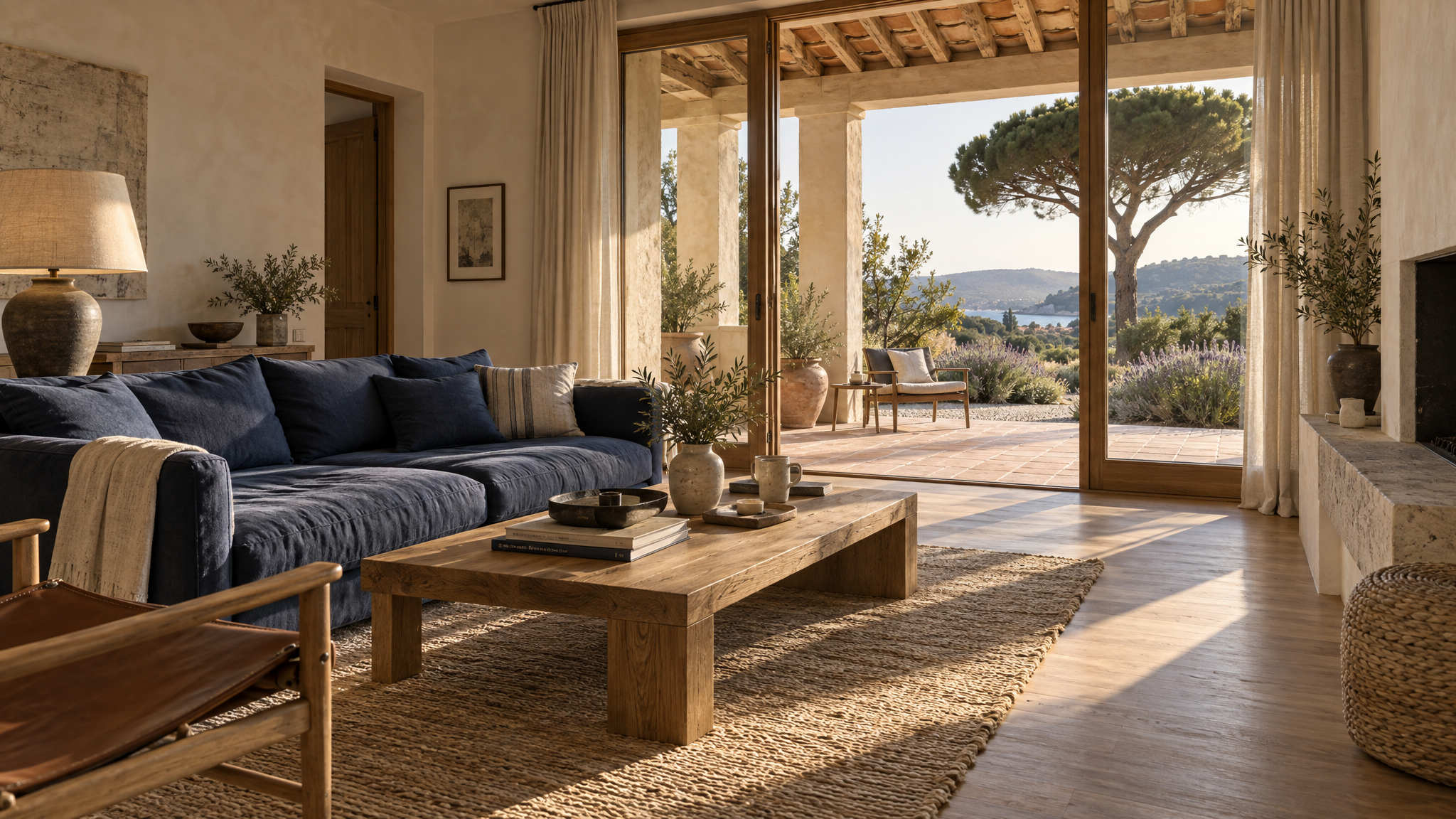 Sitting room with a deep indigo linen sofa, jute rug, oak table and leather sling chair, opening through tall oak-framed glass doors to the tiled loggia, an umbrella pine and a distant bay.