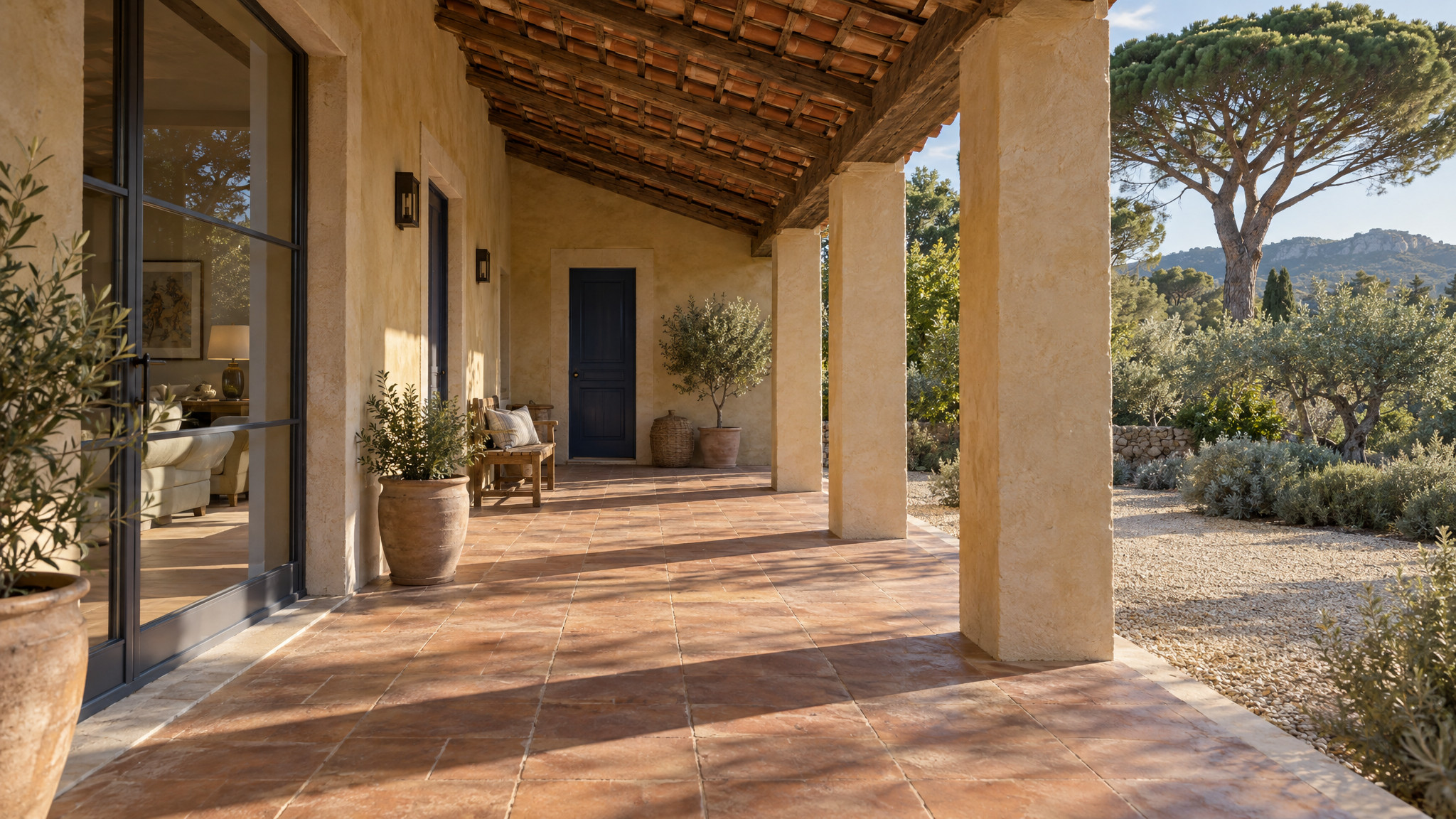 View along the shaded loggia: terracotta tile floor, square ochre plaster piers and timber rafters, with the blue entrance door at the far end and olives and an umbrella pine beyond.