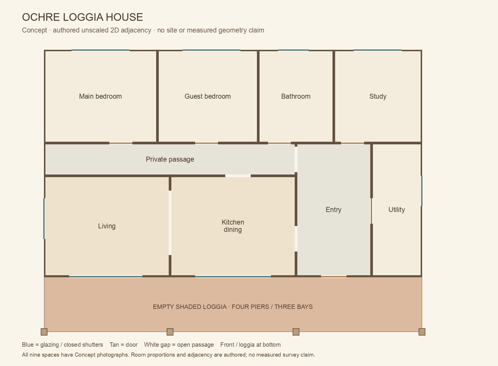 Authored unscaled single-level plan with nine connected spaces and a three-bay front loggia.