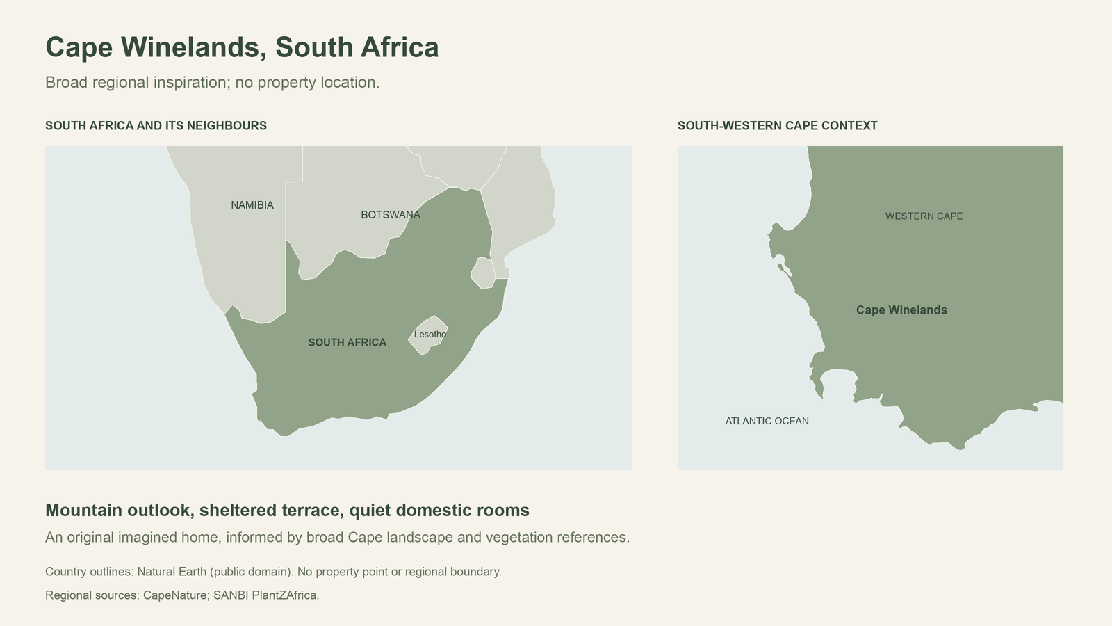 South Africa and the south-western Cape, with a broad Cape Winelands text label and no property pin or regional boundary.
