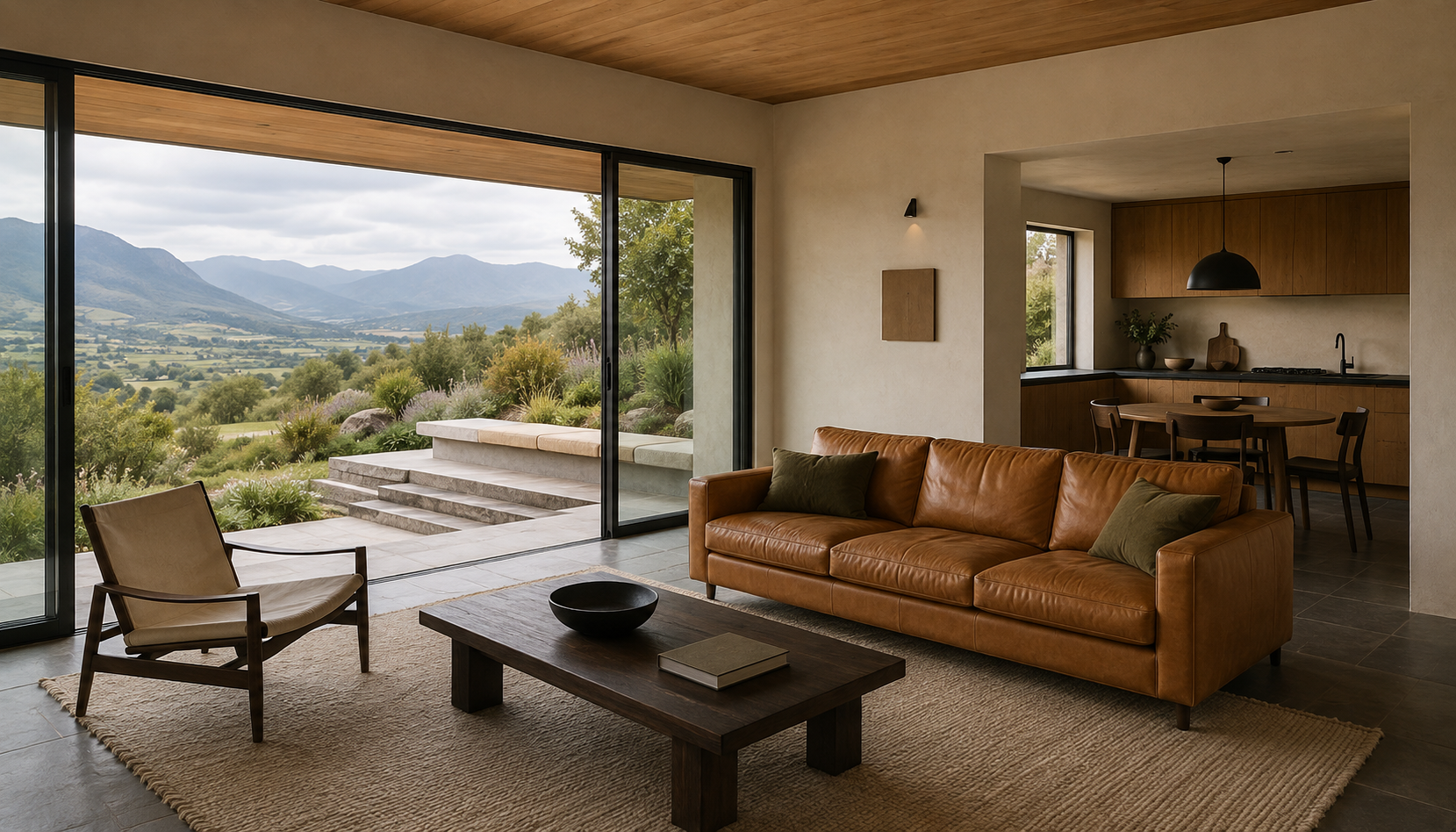 Caramel sofa and cream sling chair beside a sheltered terrace and distant mountain landscape.
