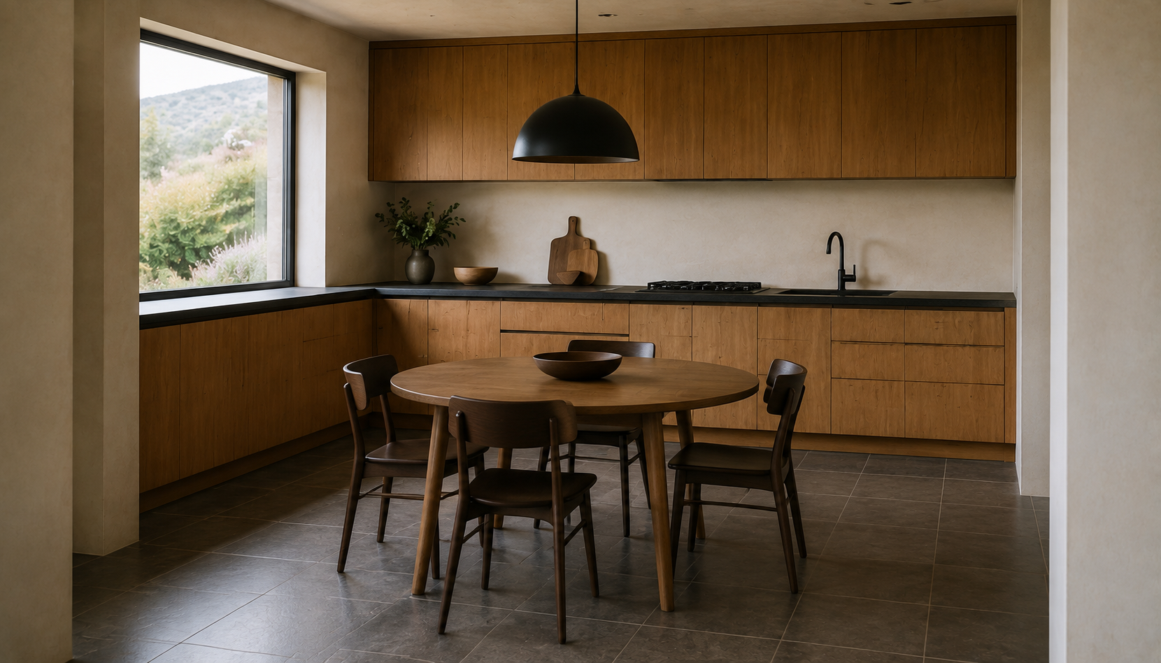 Round dining table with four dark chairs beneath a black pendant, beside warm timber kitchen cabinetry.