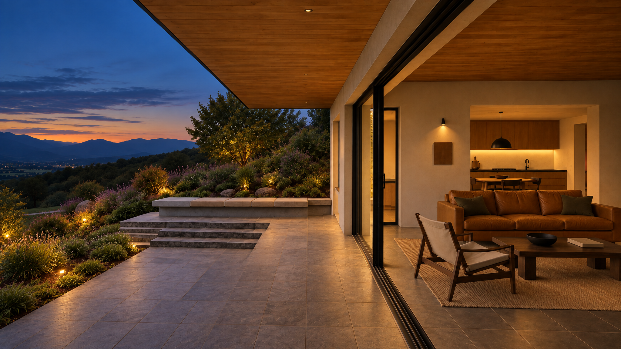 Sheltered stone terrace at dusk with three rising steps, an uplit planted bank and the lit living room behind dark-framed glazing, above a valley under a fading orange sky.