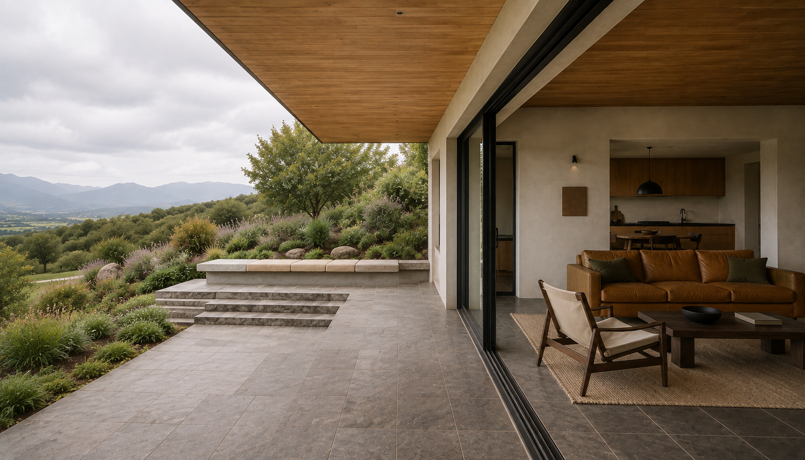 Sheltered stone terrace and three rising steps beside dark-framed glazing into the living room.